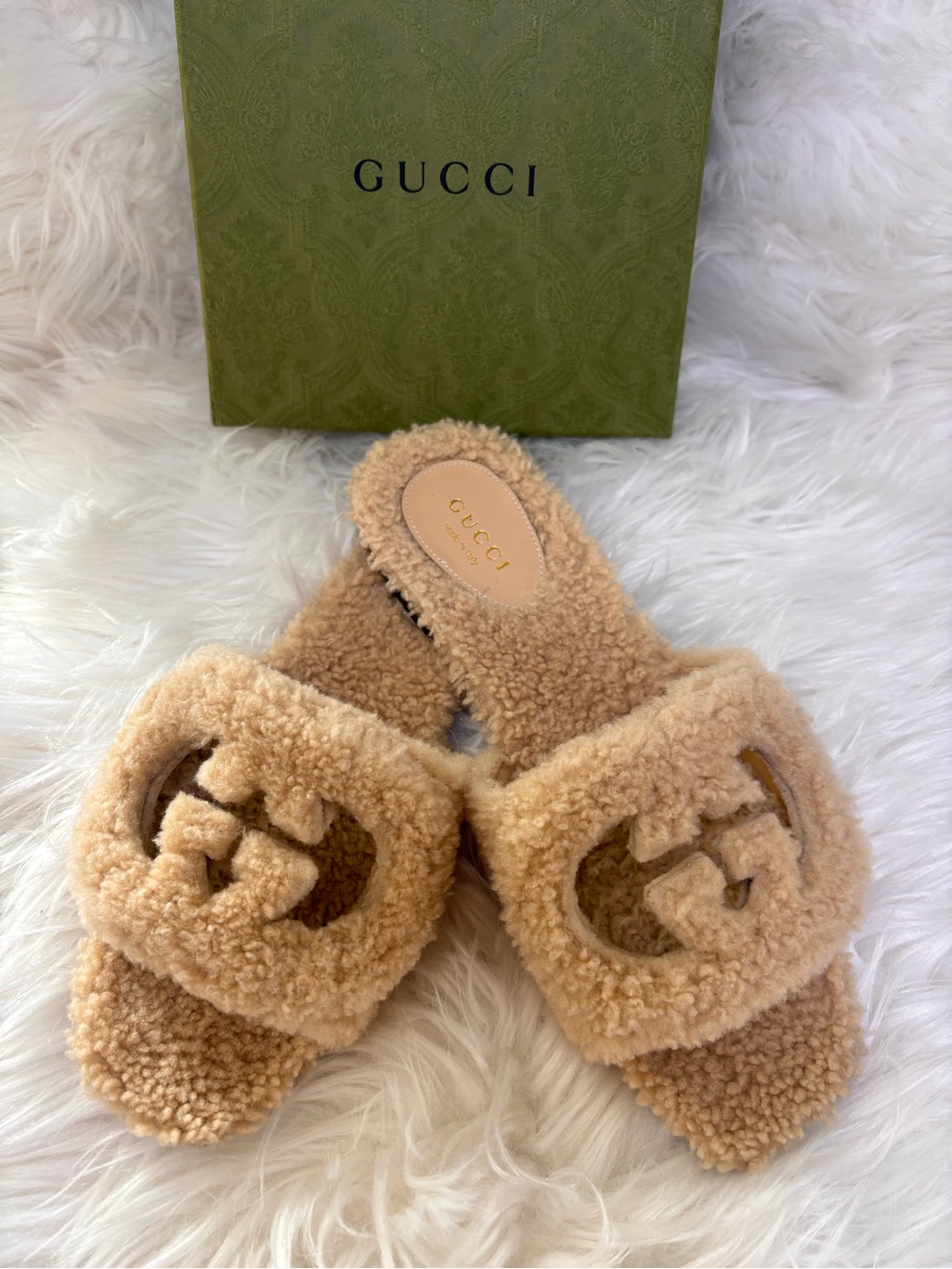 Gucci Beige Teddy Shearling Gg Slide Sandals